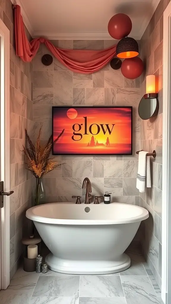 A cozy bathroom featuring a sunset-themed artwork above a white freestanding bathtub.