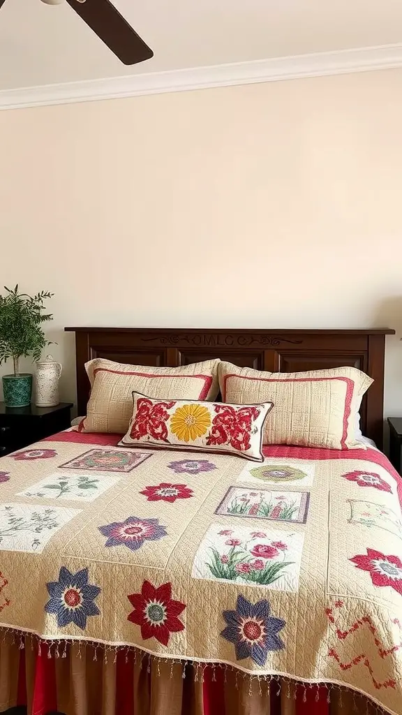 A cozy king bedroom featuring a colorful floral quilt and matching pillows on the bed.