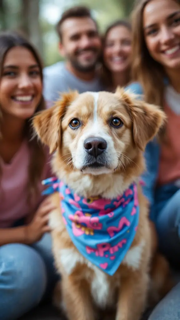 Two dogs wearing a heart-patterned bandana at a gender reveal party with friends smiling in the background.