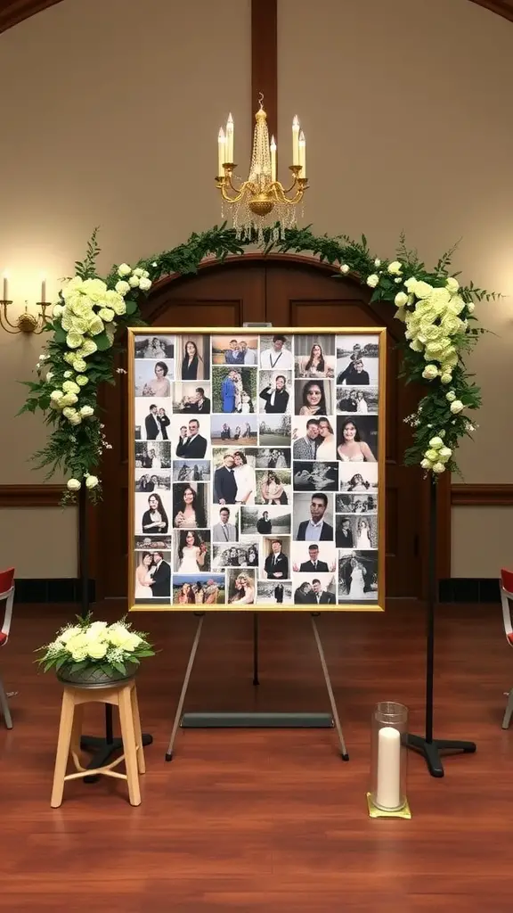 Photo display of memories at a wedding ceremony, featuring a floral arch and a collection of photographs.