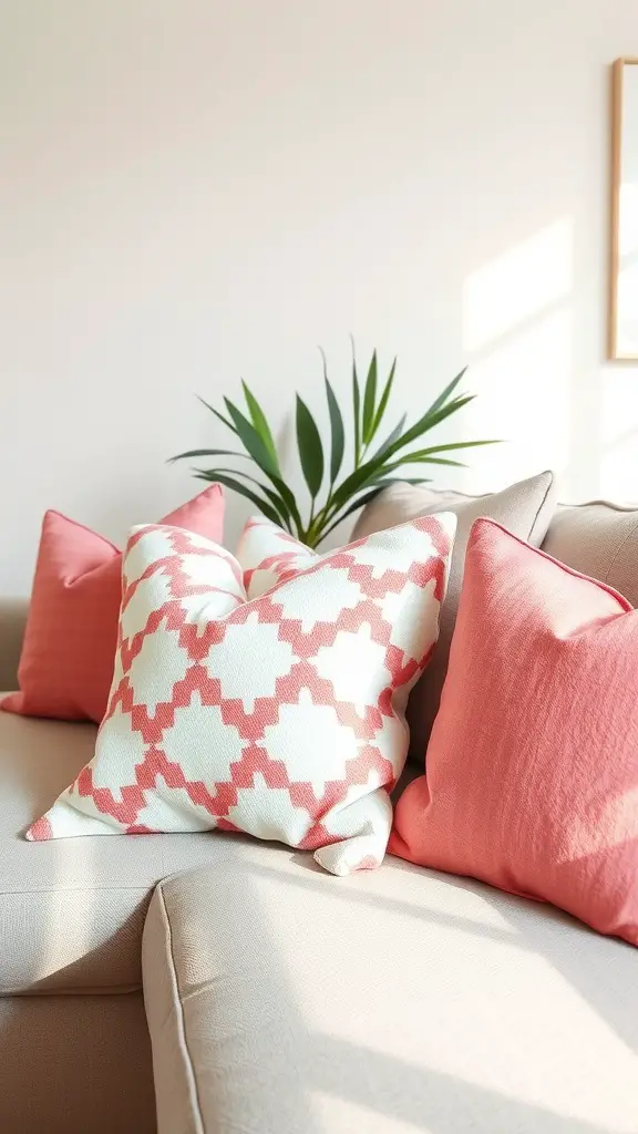 Pink and white geometric pillows on a beige sofa with a plant in the background