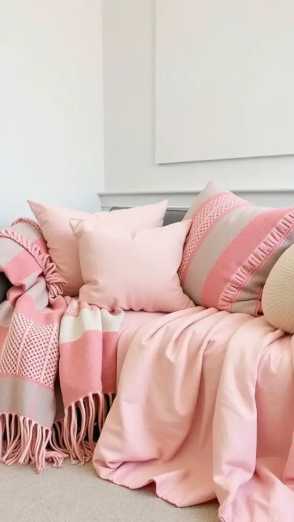 A cozy sofa with pink throw blankets and cushions, creating a warm and inviting living room decor.