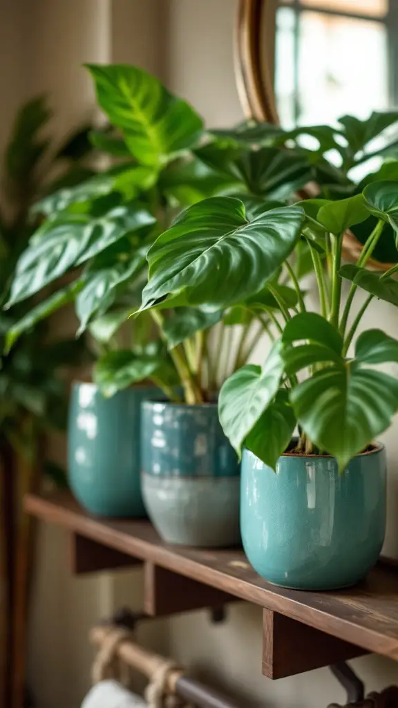 Teal pots with green plants on a shelf in a bathroom setting