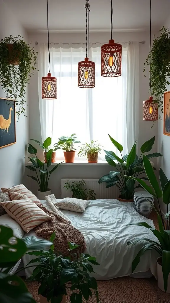 A cozy bedroom featuring plants and hanging lanterns, showcasing a natural vibe.