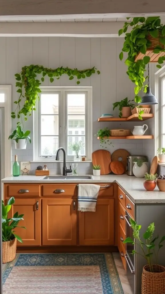 A cozy boho style kitchen filled with various plants, showcasing hanging plants and potted greenery on shelves.