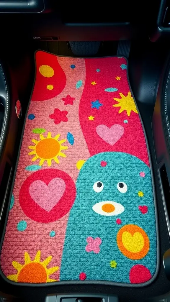 Colorful and playful floor mat featuring hearts, suns, and stars in vibrant colors.