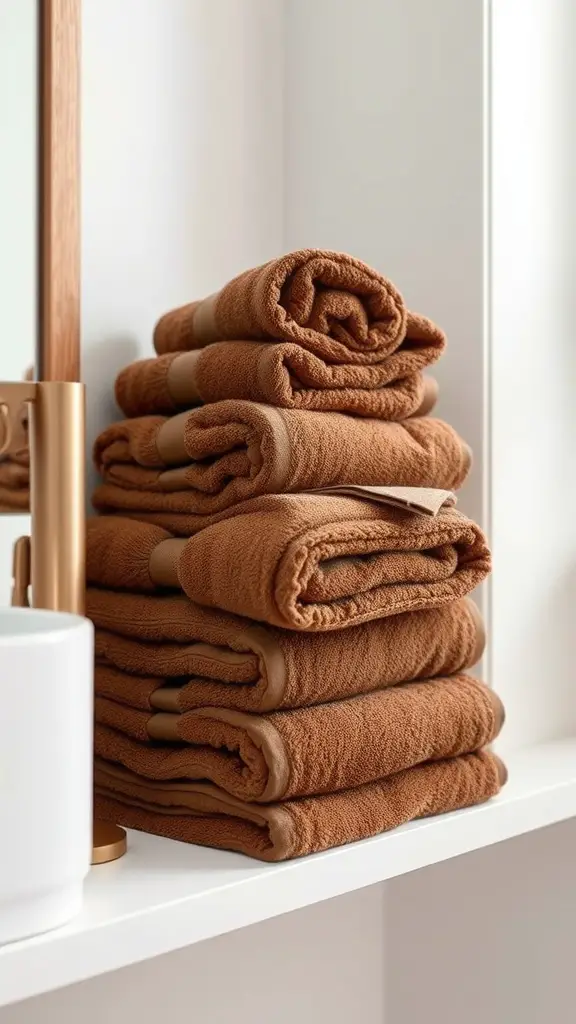 Stack of plush chocolate brown towels on a shelf