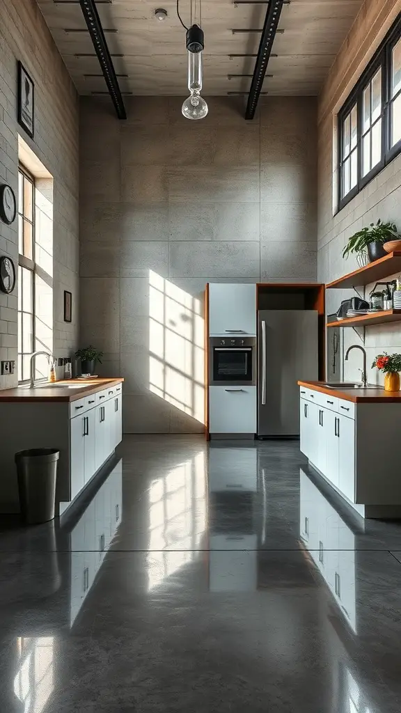 A modern kitchen with polished concrete flooring and large windows, showcasing an industrial design.