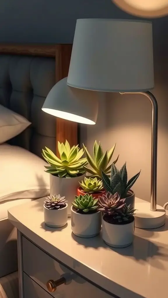 A nightstand with various potted succulents and a lamp, creating a cozy bedroom atmosphere.