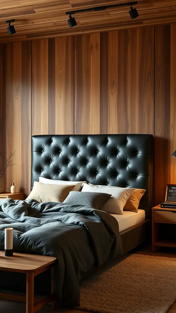 A cozy bedroom featuring a quilted black faux leather headboard against wooden paneled walls.