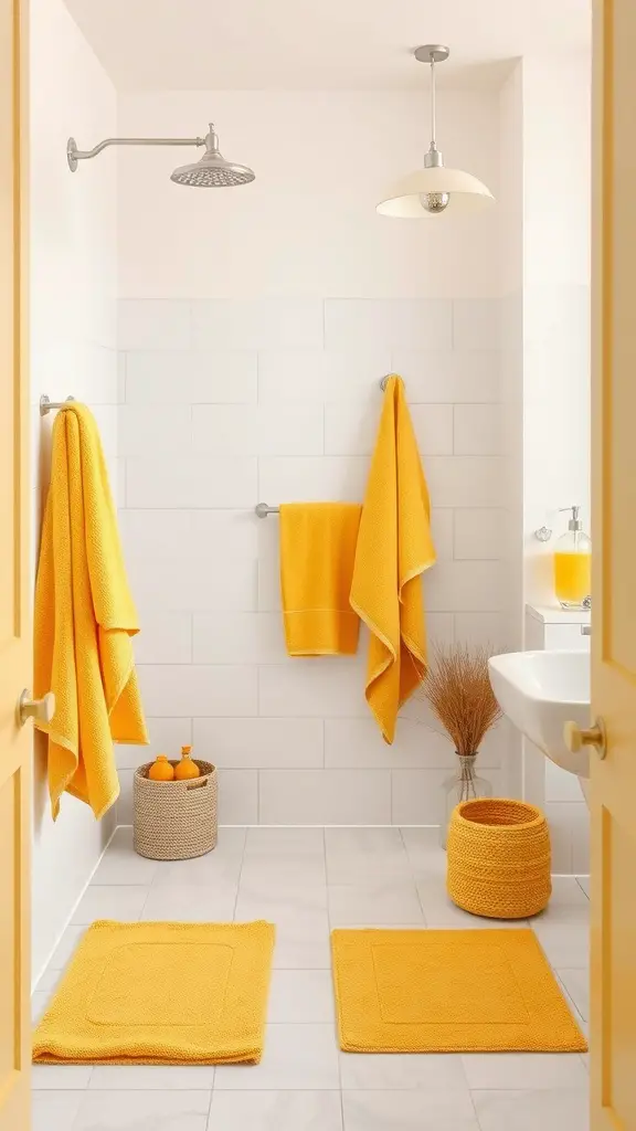 Bright yellow towels and rugs in a modern bathroom setting.