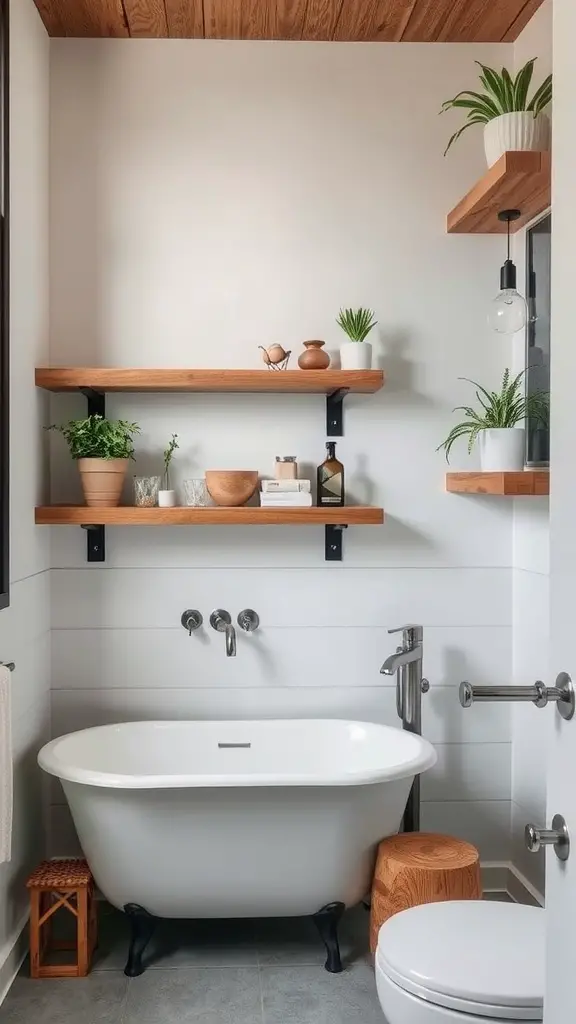 A cozy bathroom with reclaimed wood walls, a small sink, and a toilet, complemented by a plant and natural light.