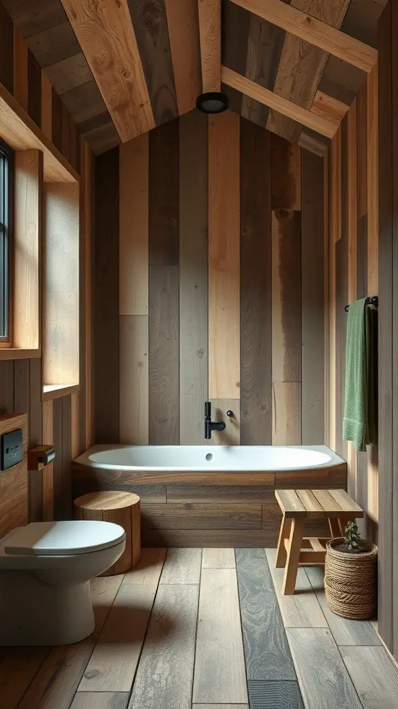 A modern bathroom featuring reclaimed wood paneling, a white bathtub, and minimalist decor