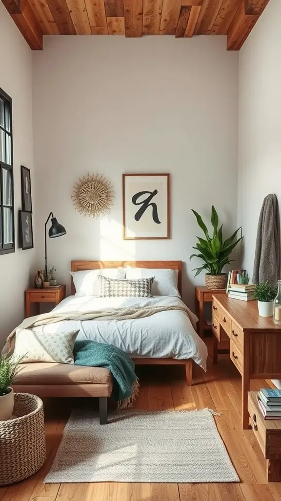 A cozy earthy bedroom featuring reclaimed wood furniture, natural lighting, and potted plants.