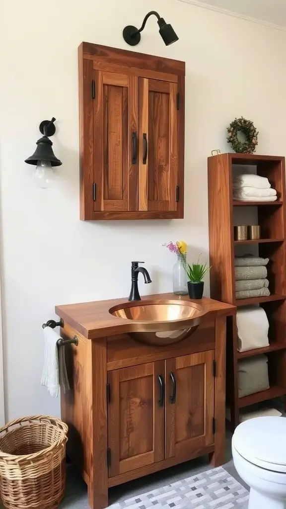 A rustic bathroom with a reclaimed wood vanity featuring a copper sink, surrounded by warm wooden accents and minimal decor.