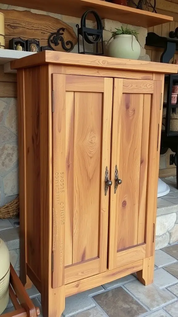 A reclaimed wood bathroom cabinet with two doors, displayed against a rustic wooden wall.