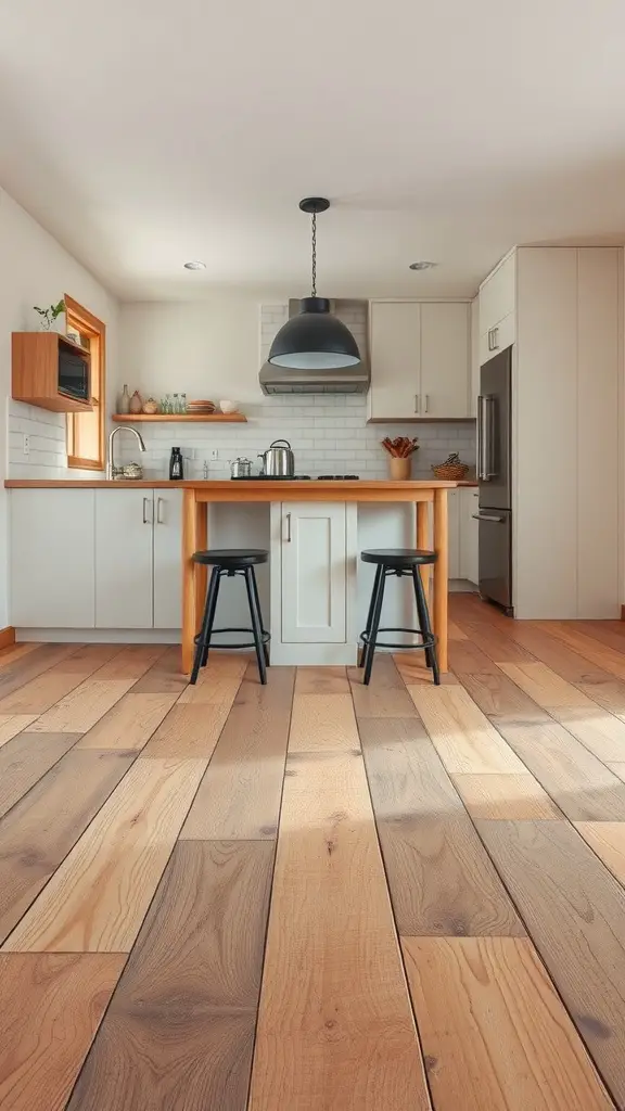 A kitchen featuring reclaimed wood flooring, modern cabinetry, and stylish decor.