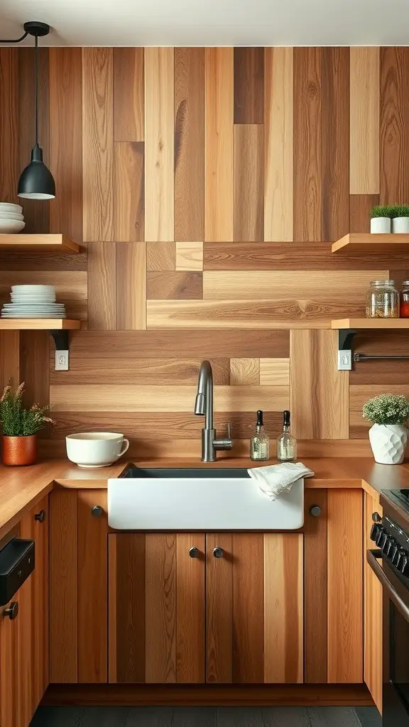 A kitchen with reclaimed wood panel backsplash, white farmhouse sink, and modern kitchen elements.