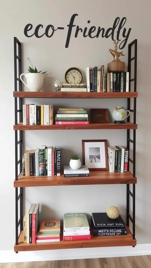 Reclaimed wood shelving filled with books and decorative items
