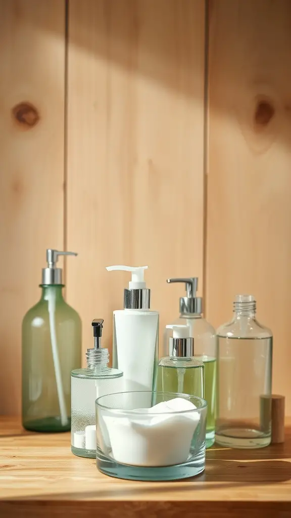 A collection of recycled glass bathroom accessories on a wooden countertop, featuring various shapes and sizes.