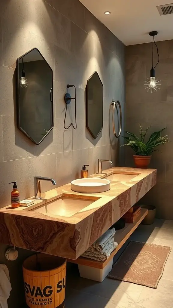 Modern bathroom with recycled materials featuring a sleek design and earthy tones.