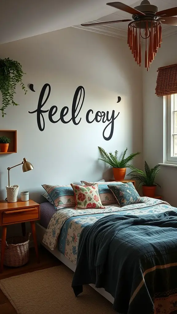 A cozy bedroom featuring recycled wooden decor and furniture, with warm tones and a natural theme.