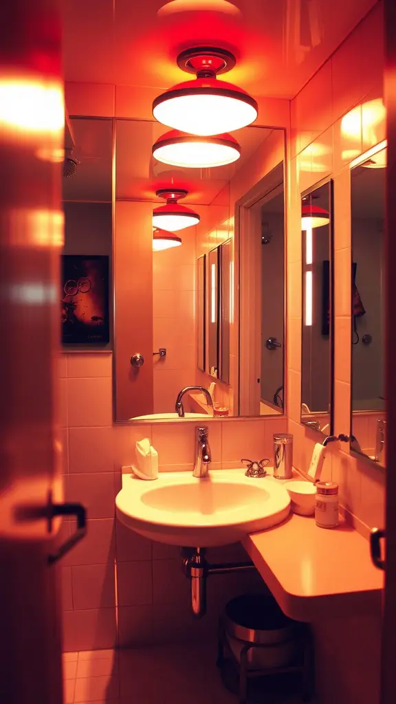 A bathroom with warm lighting, reflective surfaces, and modern fixtures