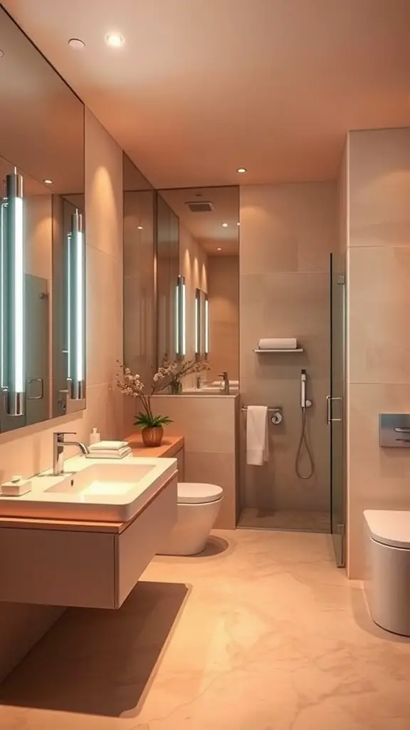 Modern bathroom with reflective surfaces, mirrors, and bright lighting