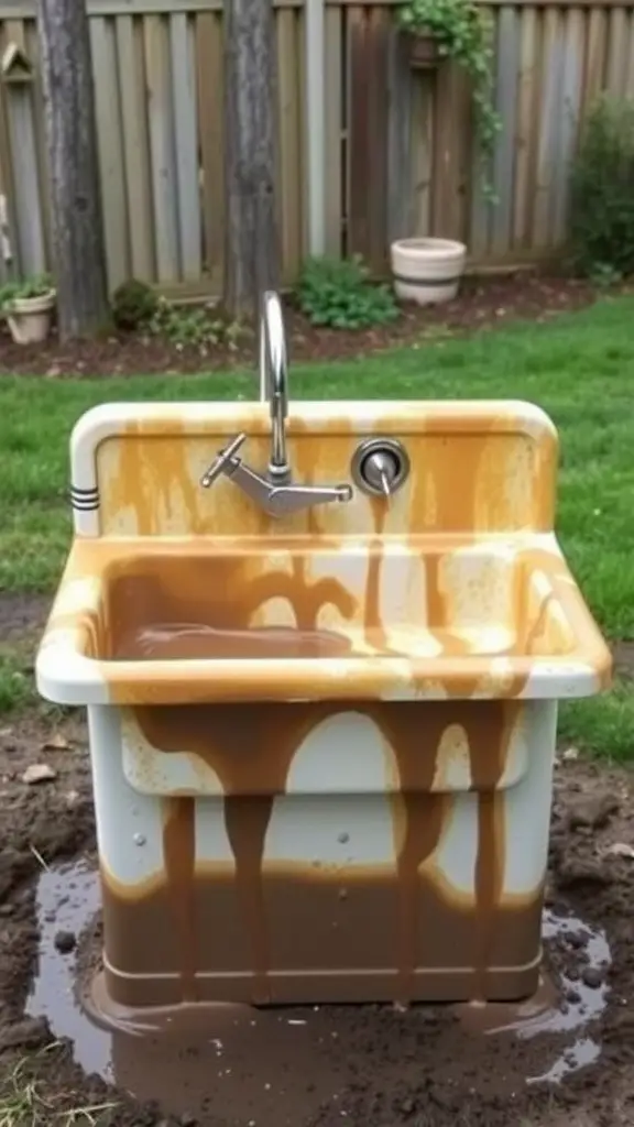 A repurposed kitchen sink turned into a mud station for kids, featuring playful lettering and a faucet.