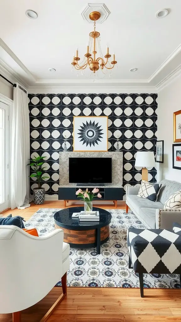 Stylish living room featuring retro black and white patterns with bold wallpaper, checkered flooring, and modern furniture.