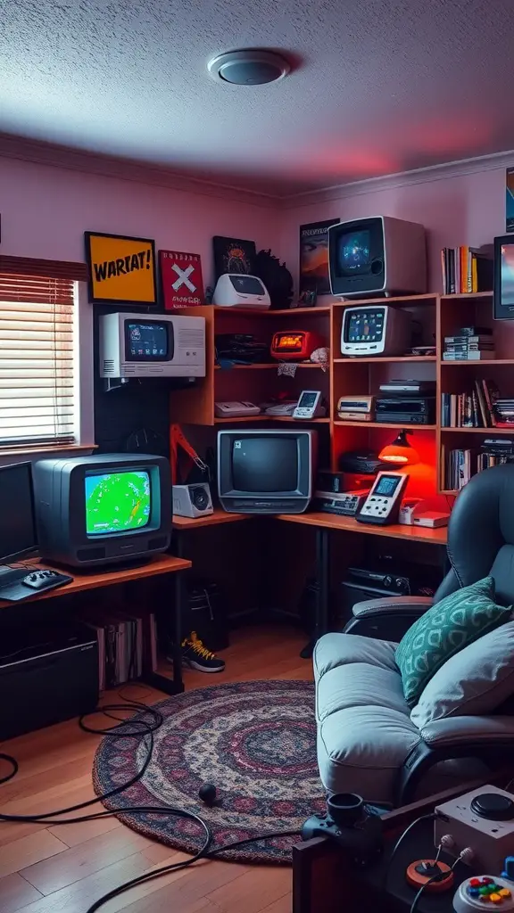 A retro gaming room with vintage consoles, old TVs, and cozy decor.