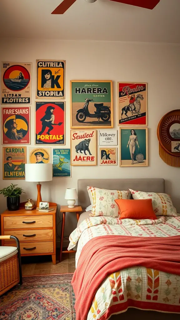 A bedroom featuring vintage posters on the wall, a cozy bed with decorative pillows, a lamp, and a wooden nightstand.