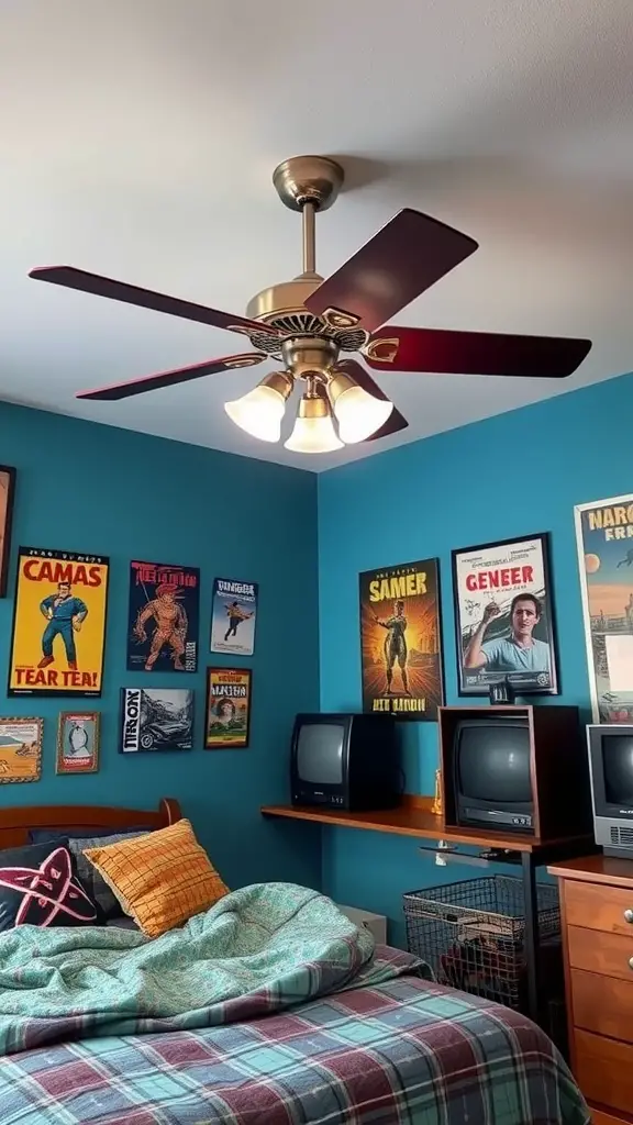 A boy's room decorated with vintage posters and cozy furniture, creating a retro vibe.