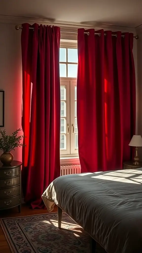 A cozy bedroom with rich burgundy curtains framing a window, soft light filtering in, and a neatly made bed.
