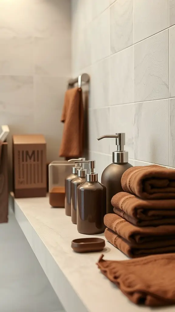 A neatly arranged bathroom shelf with chocolate brown towels, soap dispensers, and other accessories.