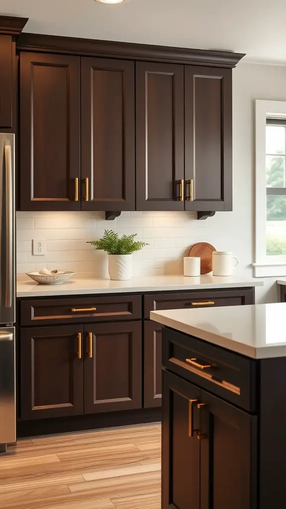 A kitchen with rich chocolate brown cabinets and light countertops, creating a warm, inviting atmosphere.