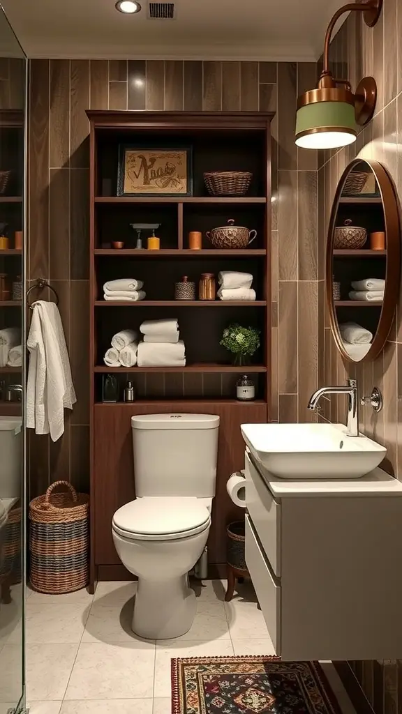 A modern bathroom featuring a chocolate-colored storage cabinet with wicker baskets, a white toilet, and a stylish sink.