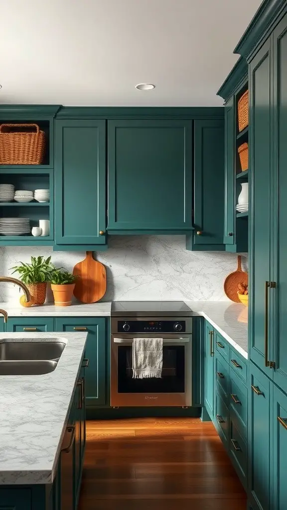 A kitchen featuring rich jade green cabinets paired with marble countertops and wooden flooring, decorated with plants and wooden accents.
