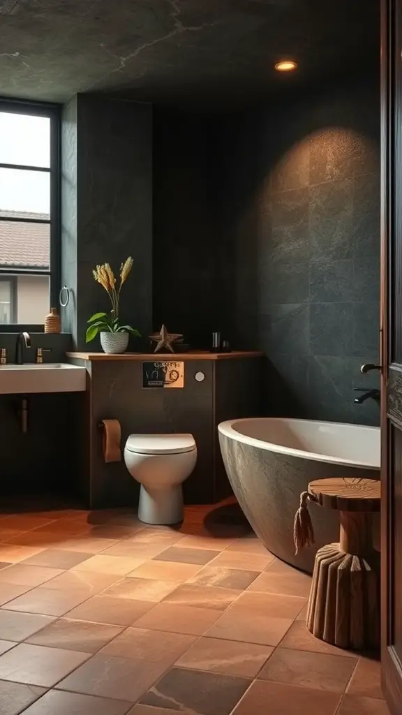 A cozy bathroom featuring rich terra cotta floor tiles, a modern bathtub, and dark walls.