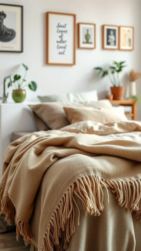 Cozy bedroom with a soft blanket and plants, showcasing rich textures of linen and wool.