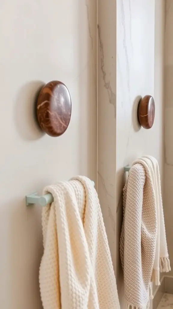 A modern bathroom featuring three towel hooks that resemble river stones, with light streaming in and soft towels draped over them.