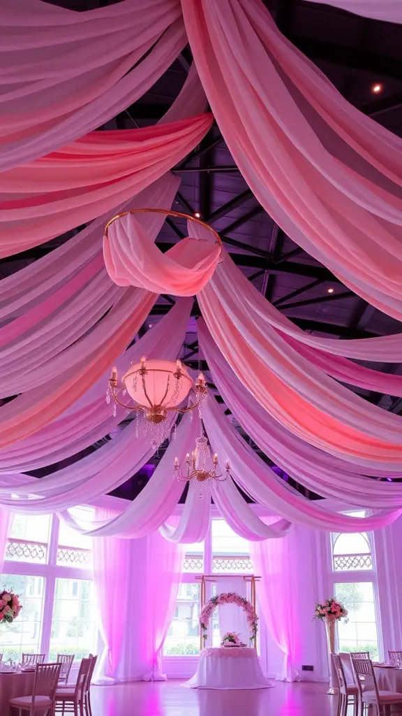 An elegantly decorated wedding venue with romantic draped fabrics in pink and white.
