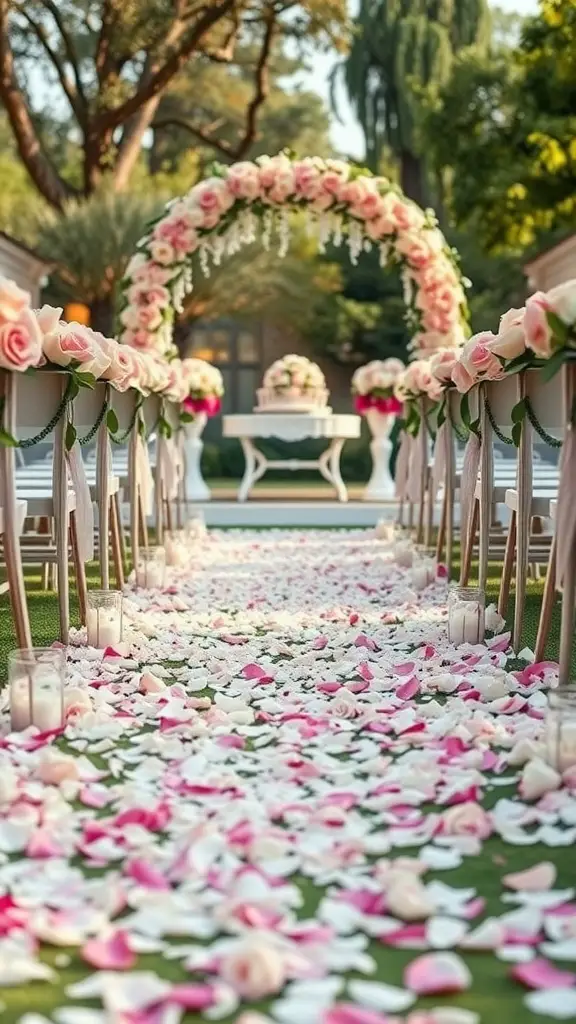 An aisle decorated with scattered rose petals and candles, creating a romantic wedding ambiance.