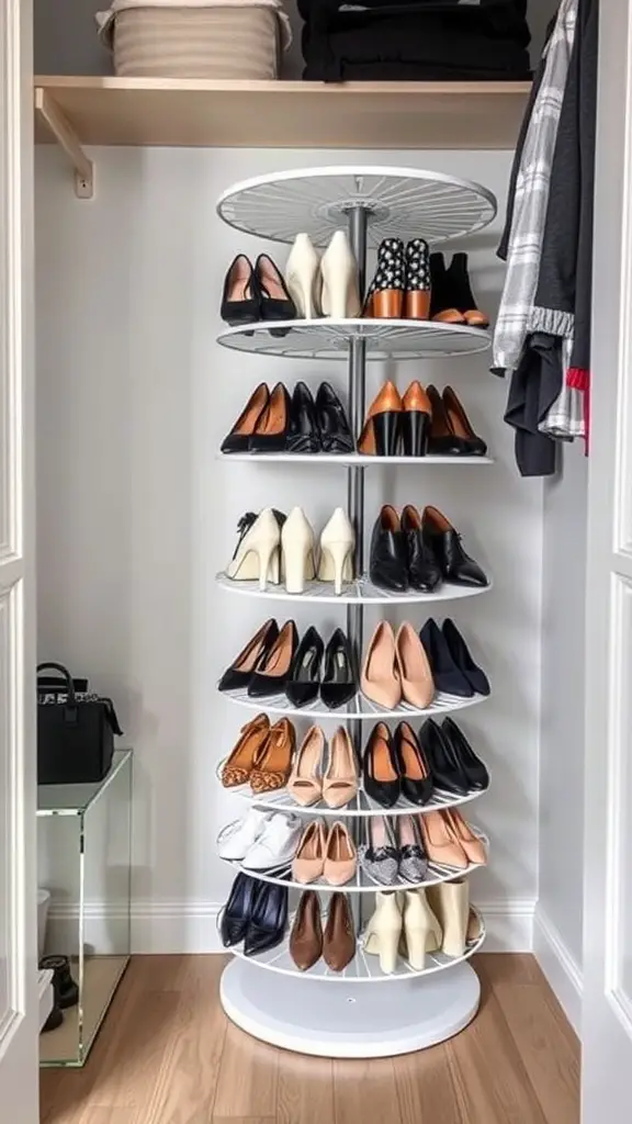 A rotating shoe rack filled with various pairs of shoes, showcasing organized storage in a closet.
