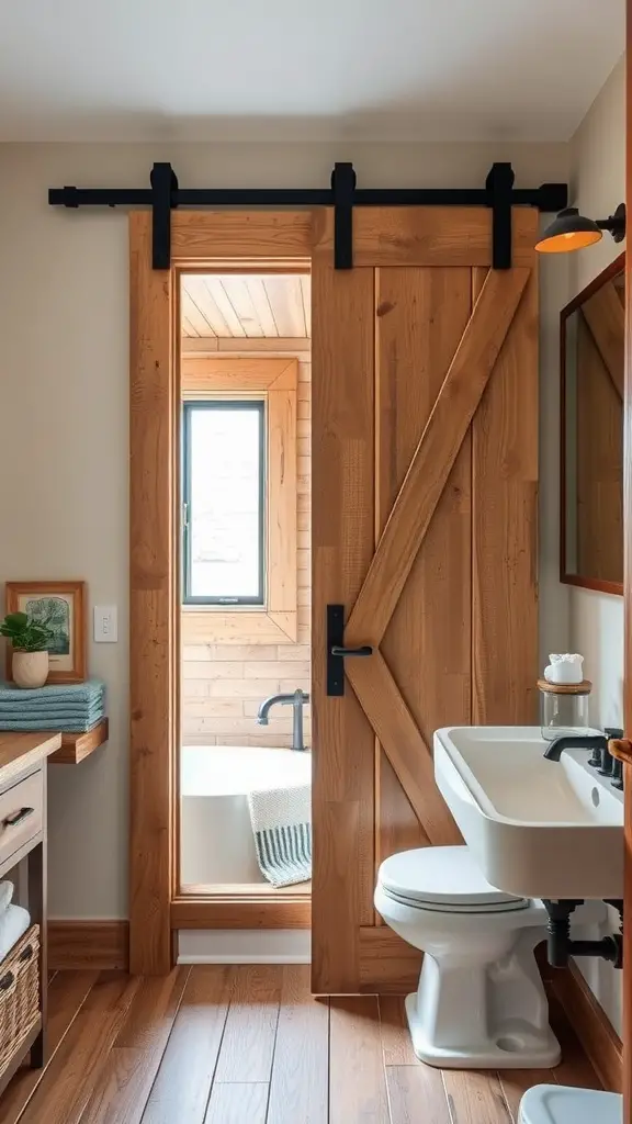 A rustic barn door with black hardware leading to a bathroom, showcasing wooden textures and a cozy atmosphere.