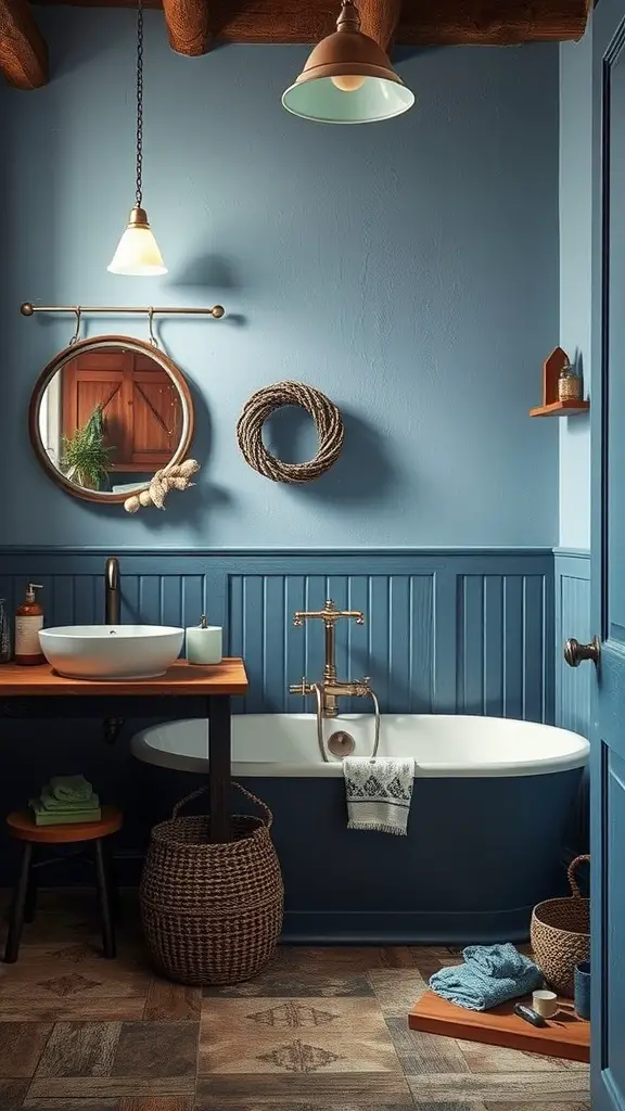 Rustic bathroom featuring blue and chocolate decor with wooden elements