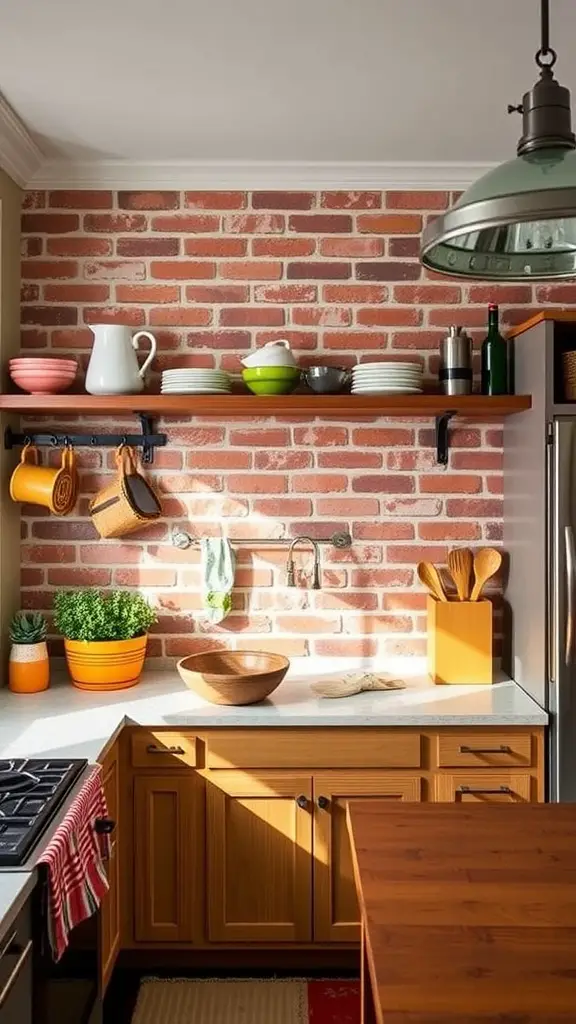 A cozy kitchen featuring a rustic brick backsplash, wooden cabinets, and colorful dishware on open shelves.