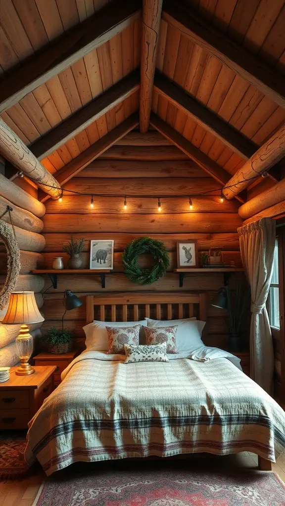 Cozy rustic bedroom with wooden walls, a bed with a warm blanket, and nature-themed decor.