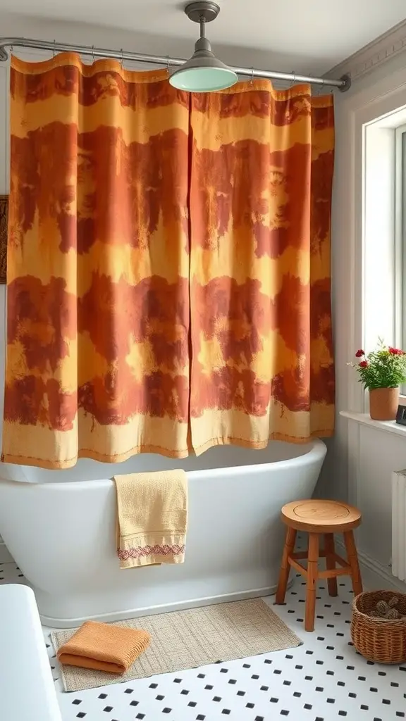 Rustic canvas bathroom curtain in warm earthy tones hanging in a bathroom
