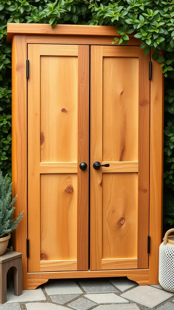 A rustic cedar cabinet with two doors, a countertop sink, and surrounded by lush greenery.